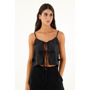 Camisa negra de tiras con bordado de flores para mujer