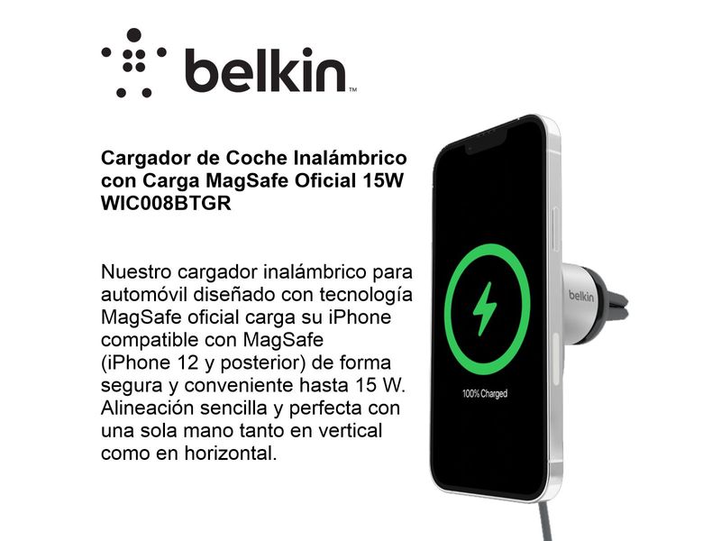 Cargador Carro Wireless Magsafe 15w Belkin Boostcharge Pro Agaval