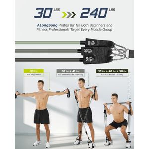 Kit de barra de pilates mejorado con bandas de resistencia, látex natural para mujeres y hombres, barra de yoga multifuncional de acero inoxidable