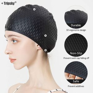 Tripsky Gorro de natación de silicona, cómodo gorro de baño ideal para cabello rizado, corto, medio largo, gorro de natación para mujeres y hombres
