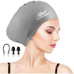 KOOLSOLY - Gorra de natación extragrande para cabello largo, de silicona, para mujeres, niñas, hombres y adultos, diseño especial para cabello rizado