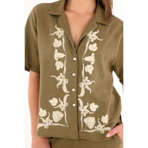 Camisa tipo bowling con detalles imitación bordado para mujer