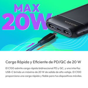Power Bank 10000mah Adata C100 Carga Rápida QC  PD 20W Blk