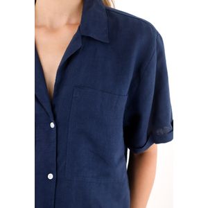 Camisa azul en 100% lino manga corta para mujer