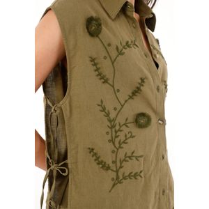 Chaleco verde con manualidad bordada en 100% lino para mujer