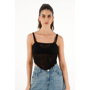Camiseta tipo pañoleta tejida negra para mujer