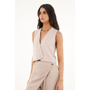 Chaleco café con perilla cruzada para mujer