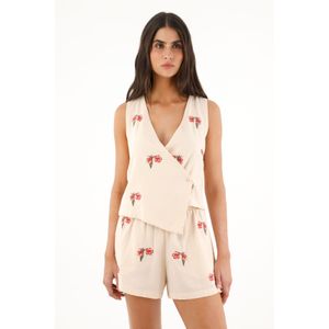 Chaleco con bordado de flores crudo para mujer
