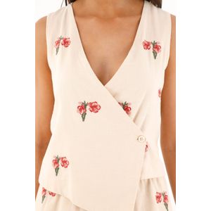 Chaleco con bordado de flores crudo para mujer