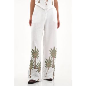 Pantalón Wide Leg blanco con bordado en bota para mujer