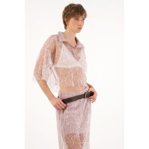 Camisa morada con transparencia y lentejuelas para mujer