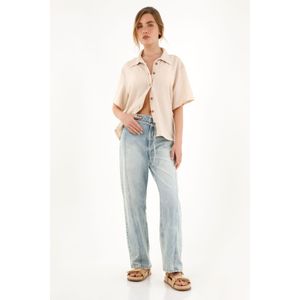 Camisa manga corta de tela con textura crudo para mujer