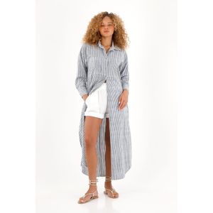 Camisa azul manga larga con estampado a rayas para mujer