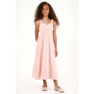 Vestido rosado largo con elástico en la cintura para niña