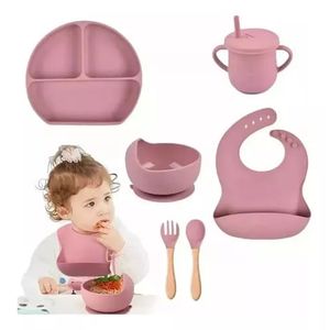 Vajilla Para Bebe En Silicona 7 Piezas Rosa