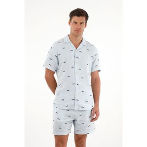 Camisa azul con bordado de peces para hombre