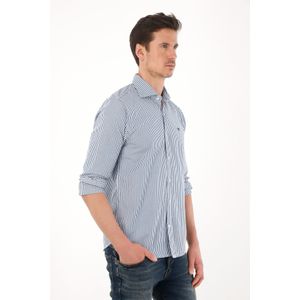 Camisa azul manga larga con diseño a rayas para hombre