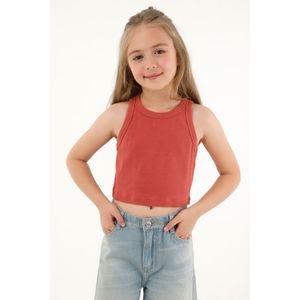 Camiseta manga sisa en rib roja para niña