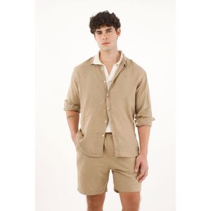 Camisa café manga larga 100% lino para hombre