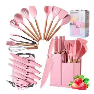 Set Utensilios Cocina Silicona Resiste Calor 19 Piezas Rosa