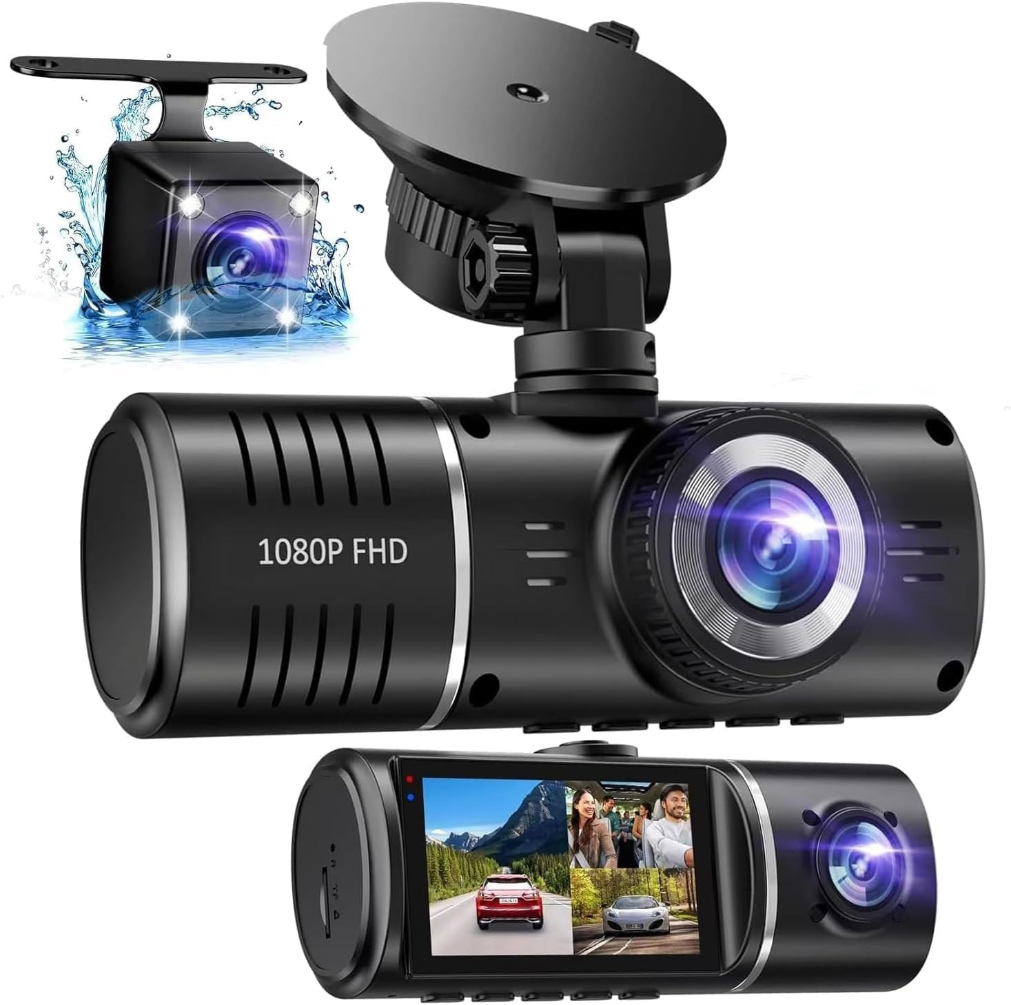 Dashcam 3 Canales Con WiFi, 1080P, Visión Nocturna, Detección De Movimiento, Pantalla IPS 2", Tarjeta 64GB Incluida