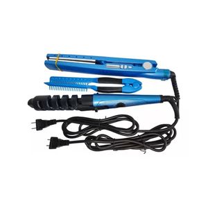 Kit Combo Plancha De Cabello Rizador Con Peine Azul