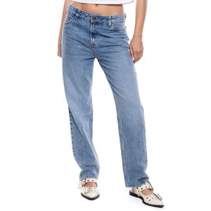 High Waist Mom Fit Jeans Tono Medio Con Reservas En Costuras