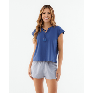 Pijama Short  Camisa Manga Corta Cuello en V Sillueta Suelta Estampado Azul ST Even 18524