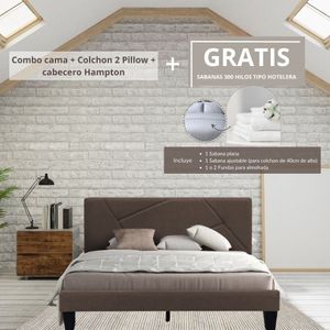 Combo Cama Queen + Colchon 2 Pillow 32 Cm + Cabecero Hampton Marron Gratis Sabanas 300 Hilos Ekonomodo