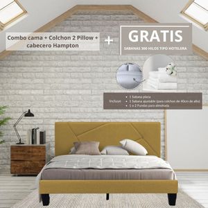 Combo Cama Mostaza + Colchon 2 Pillow 32 Cm + Cabecero Hampton Mostaza Gratis Sabanas 300 Hilos Ekonomodo