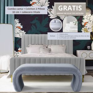 Combo Cama King + Colchon 2 Pillow 32 Cm + Cabecero Vitale Blanco + Gratis Sabanas 300 Hilos,