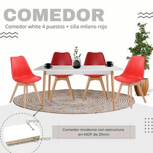 Comedor White 4 Puestos + Silla Milano Rojo Ekonomodo