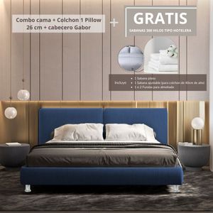 Combo Cama Queen + Colchon 1 Pillow 26 Cm + Cabecero Gabor Blanco Gratis Sabanas 300 Hilos