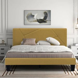 Combo Cama King Hampton + Colchon 1 Pillow 26 Cm + Cabecero + Gratis Sabanas 300 Hilos, Mostaza