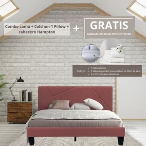 Combo Cama Semidoble + Colchon 1 Pillow 26 Cm + Cabecero Hampton Salmon Gratis Sabanas 300 Hilos Ekonomodo