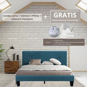 Combo Cama King + Colchon 2 Pillow 32 Cm + Cabecero Hampton Verde Azulado Gratis Sabanas 300 Hilos Ekonomodo