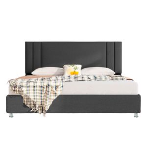 Cama Queen + espaldar Lupe Gris plom + colchon Flexia quarzz