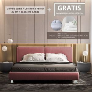 Combo Cama Semidoble + Colchon 1 Pillow 26 Cm + Cabecero Gabor Blanco Gratis Sabanas 300 Hilos