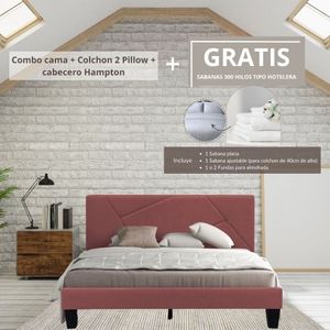 Combo Cama Queen + Colchon 2 Pillow 32 Cm + Cabecero Hampton Salmon Gratis Sabanas 300 Hilos Ekonomodo