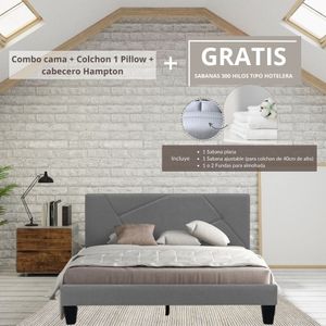 Combo Cama Semidoble + Colchon 1 Pillow 26 Cm + Cabecero Hampton Gris Plata Gratis Sabanas 300 Hilos Ekonomodo