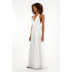 Vestido largo en ojalillo crudo para mujer
