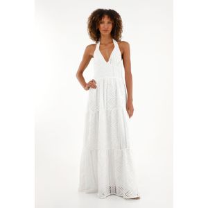 Vestido largo en ojalillo crudo para mujer