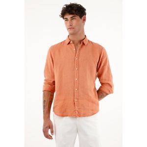 Camisa manga larga naranja 100% lino para hombre