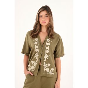 Camisa tipo bowling con detalles imitación bordado para mujer