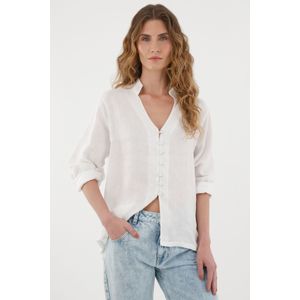 Camisa blanca cuello neru en 100% lino para mujer