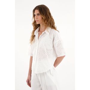 Camisa crop en ojalillo color crudo para mujer