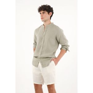 Camisa manga larga verde en 100% lino para hombre