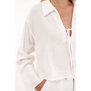 Camisa manga larga con tiras en escote crudo para mujer