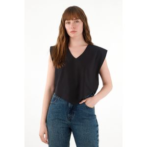 Camisa manga sisa escote en V negra para mujer