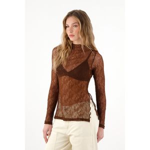 Camiseta manga larga de tela con textura café para mujer